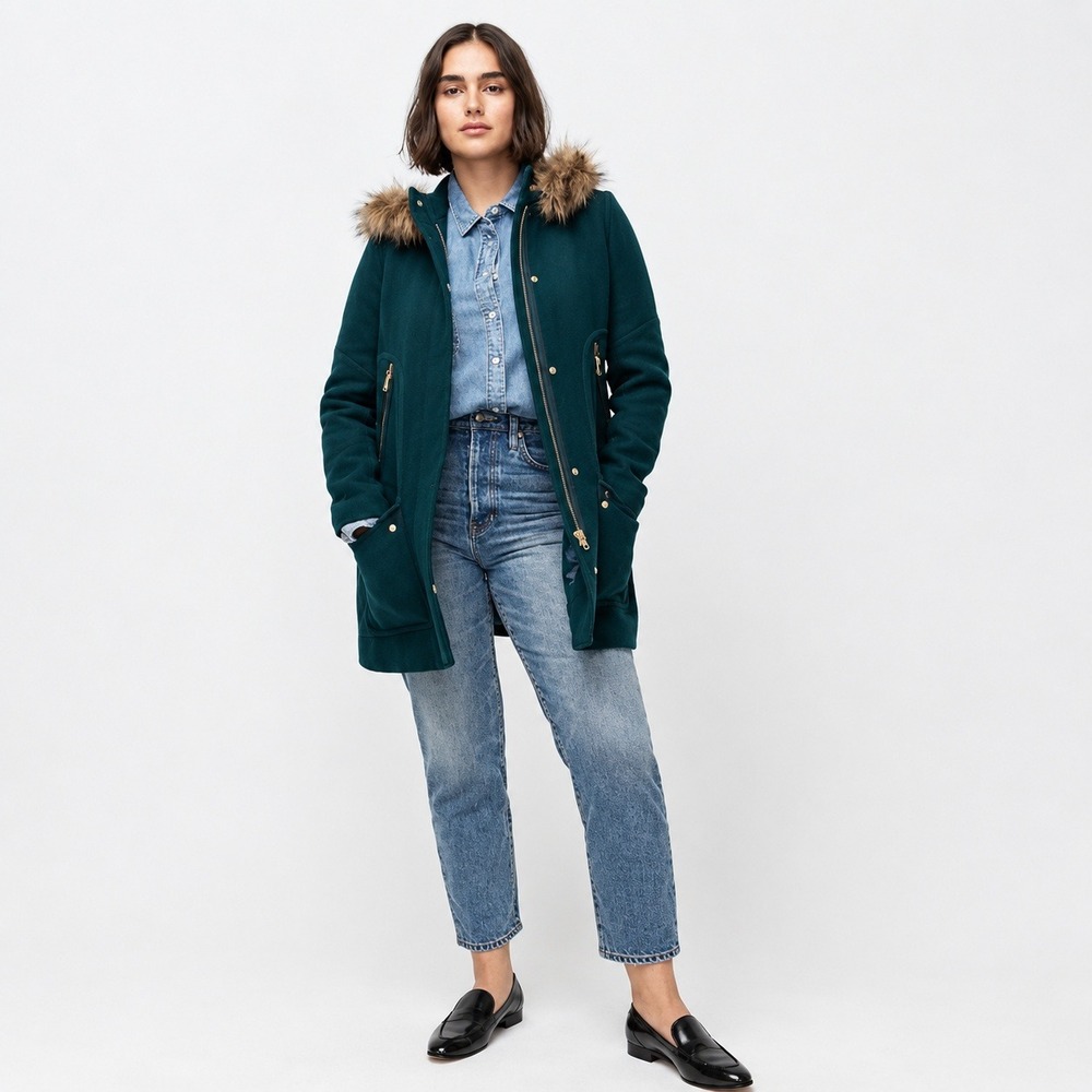 J.Crew Chateau Parka Italian Stadium Cloth Wool Coat Green 00 Faux Fur Hood